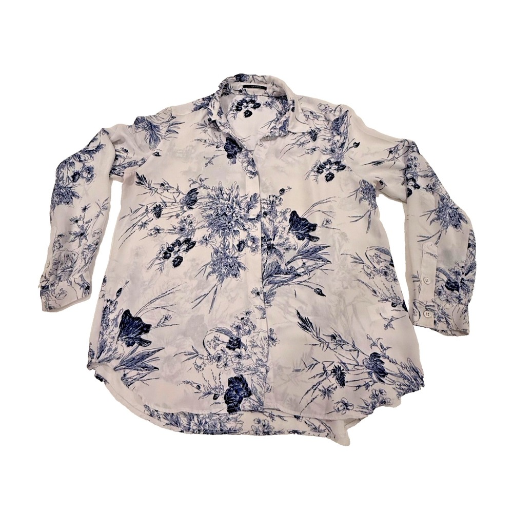T Tahari Women's Lightweight Long Sleeve Blouse; Floral; Navy/White; Size Small